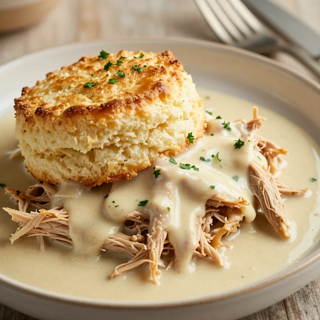 Easy Slow Cooker Chicken and Gravy with Biscuits and Gravy