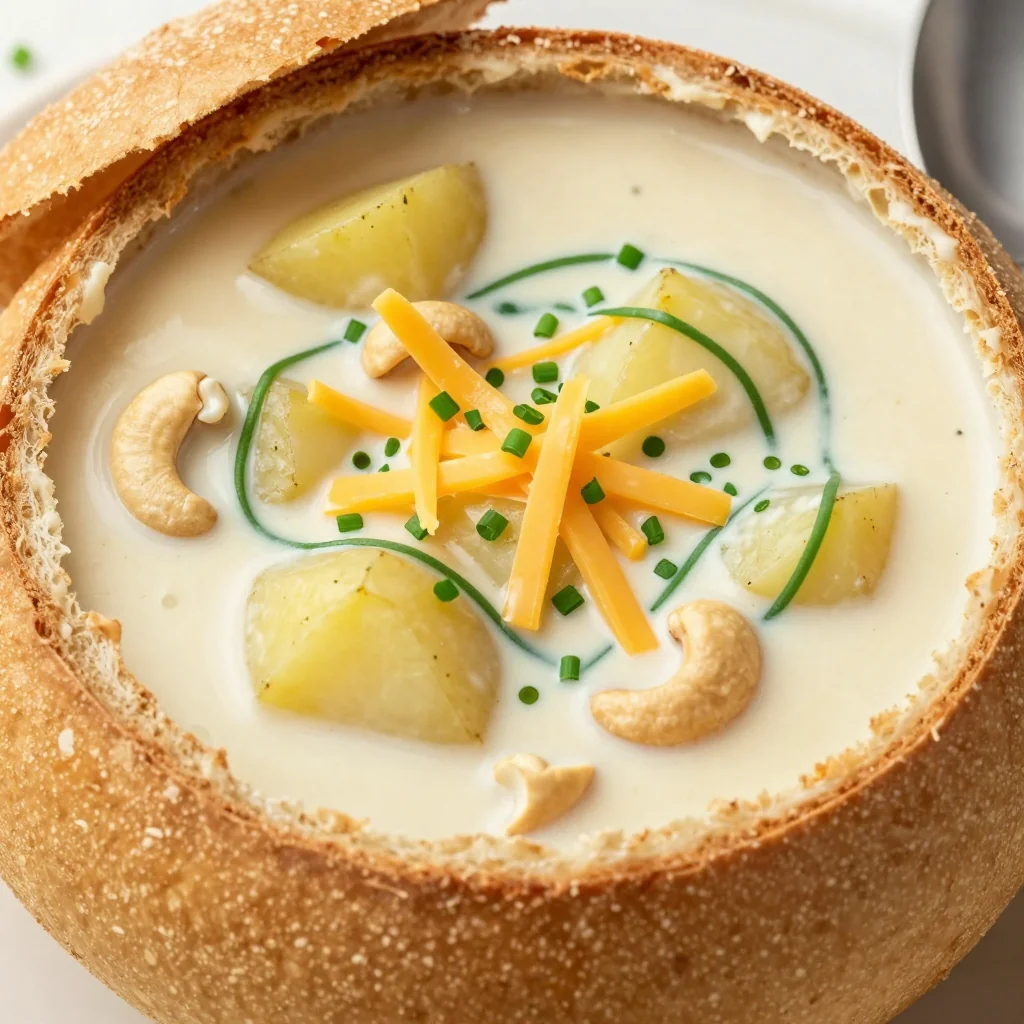 Cozy Vegan Creamy Potato Soup with Chives and Vegan Cheese