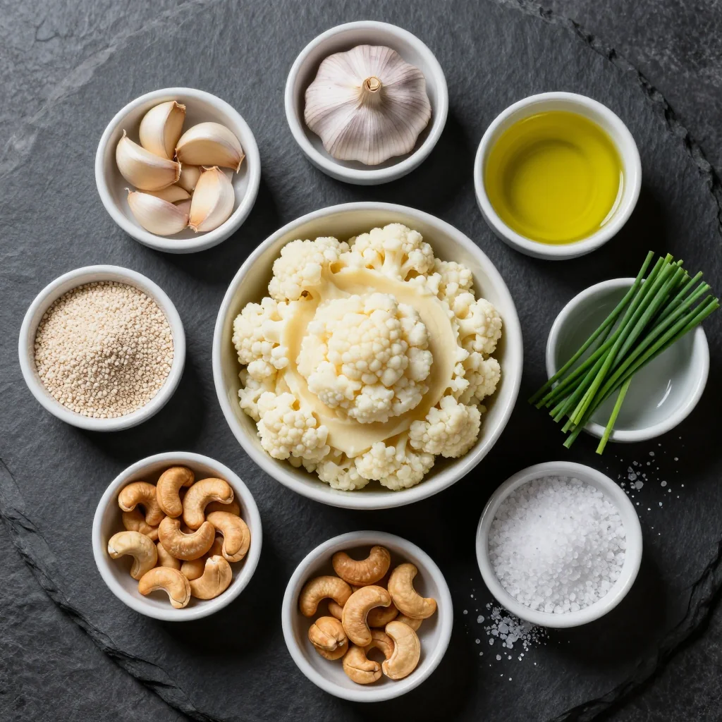 Fresh cauliflower, cashews, garlic, and olive oil arranged on a wooden board