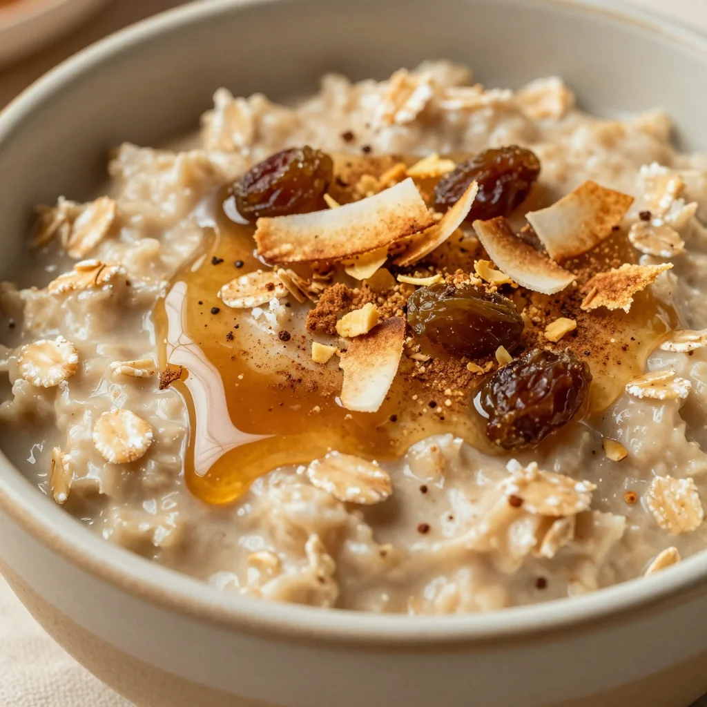 Warm Maple and Cinnamon Oatmeal with Toasted Coconut