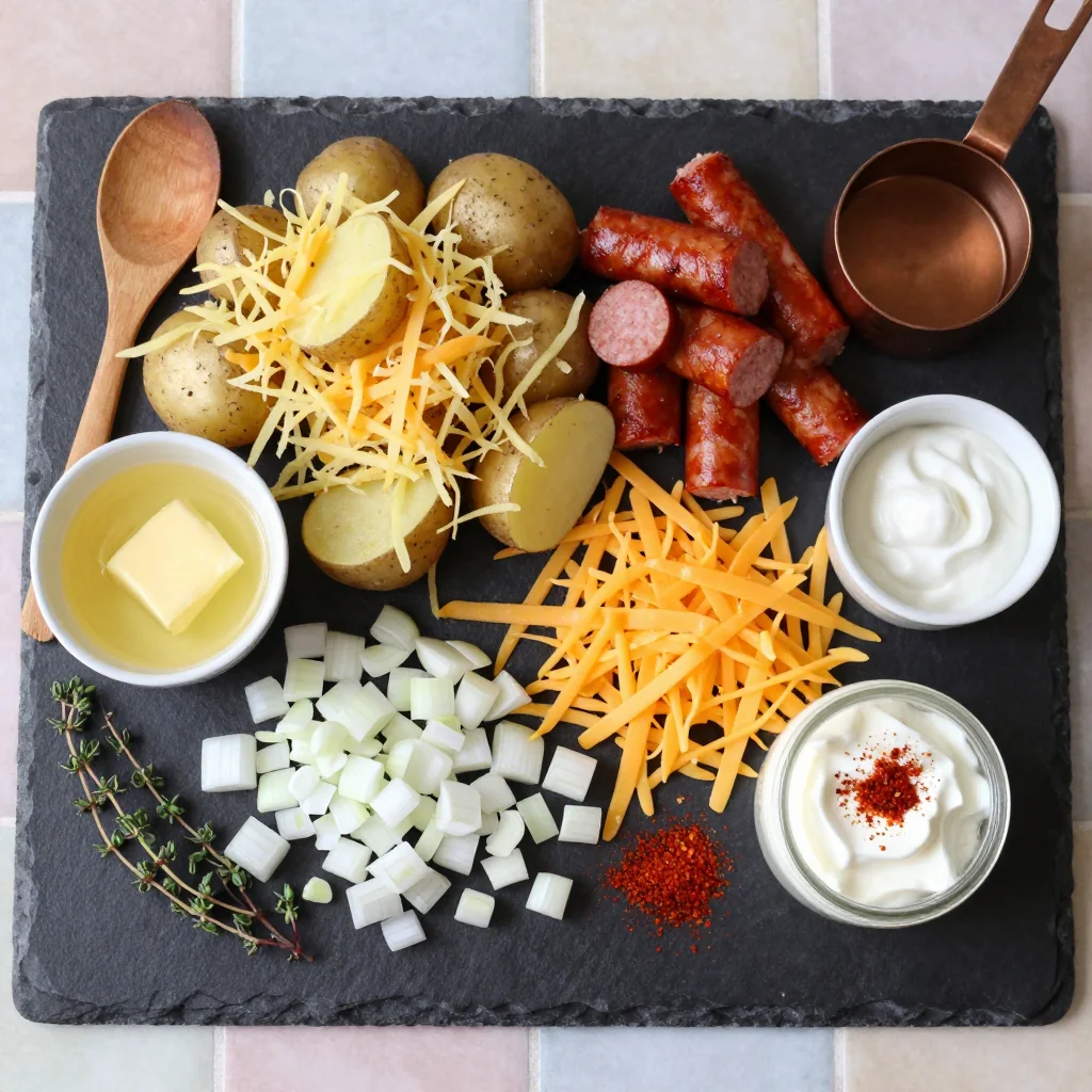 All ingredients for Hashbrown Casserole with Sausage and Cheese neatly arranged on a countertop