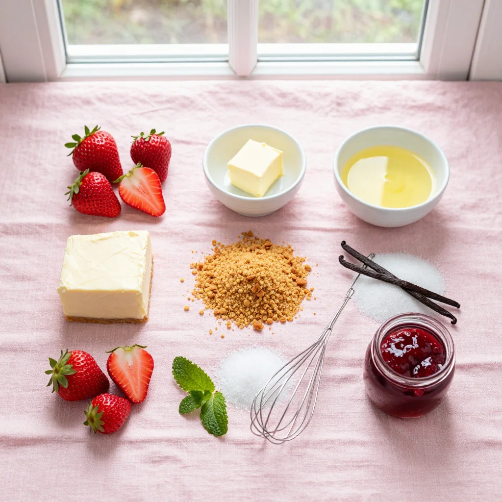 All ingredients for Strawberry Cheesecake No Bake with Graham Crust
