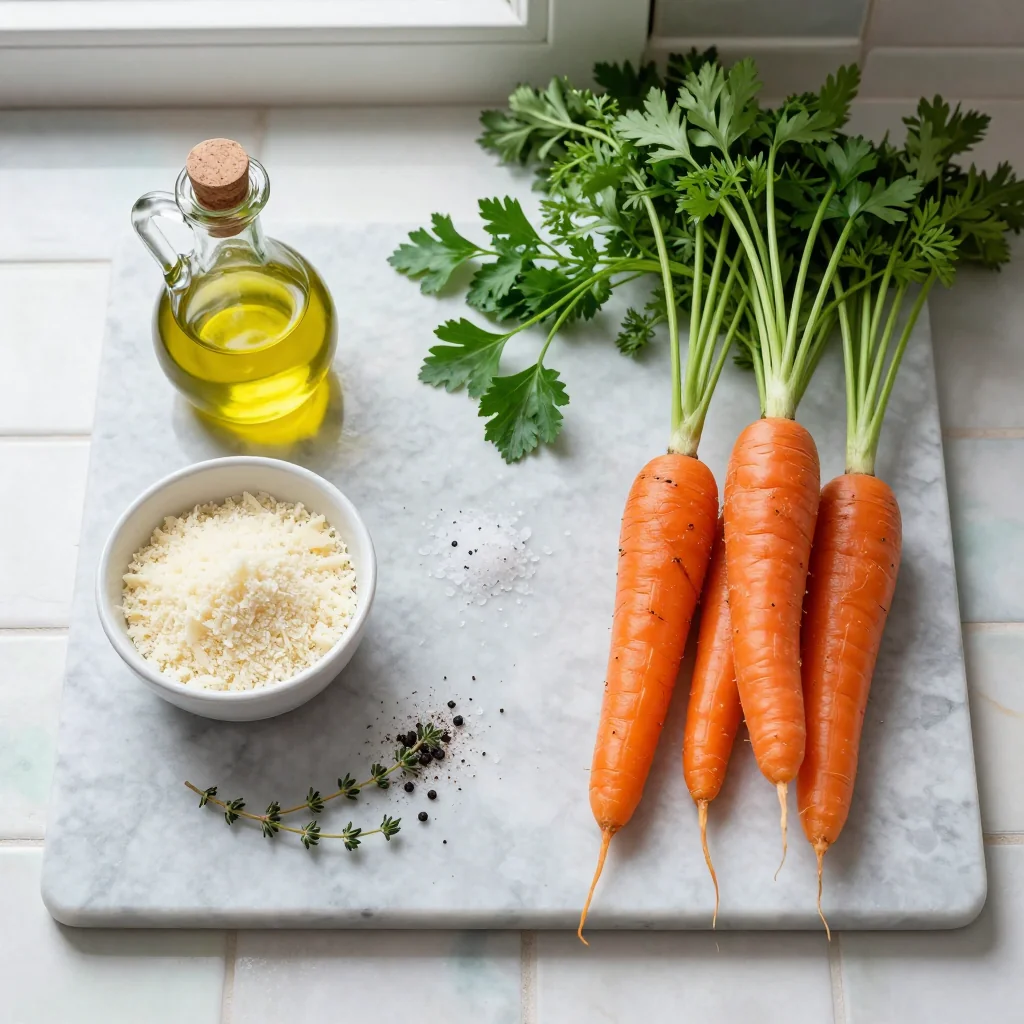All ingredients for Roasted Carrots with Parmesan neatly arranged on a wooden board