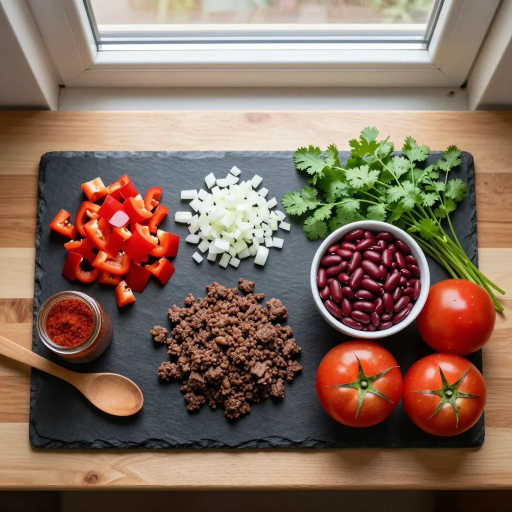 All ingredients for Beef Chili with Kidney Beans and Tomatoes