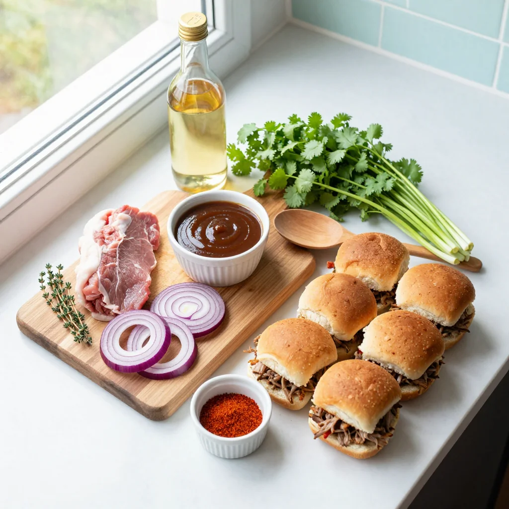 All ingredients for BBQ Pulled Pork Sliders arranged on a wooden board