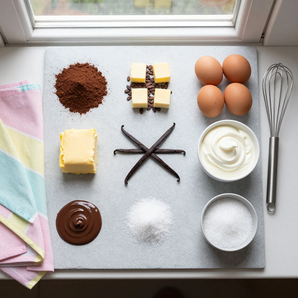 All ingredients laid out on a wooden board, ready for the chocolate cake with ganache frosting