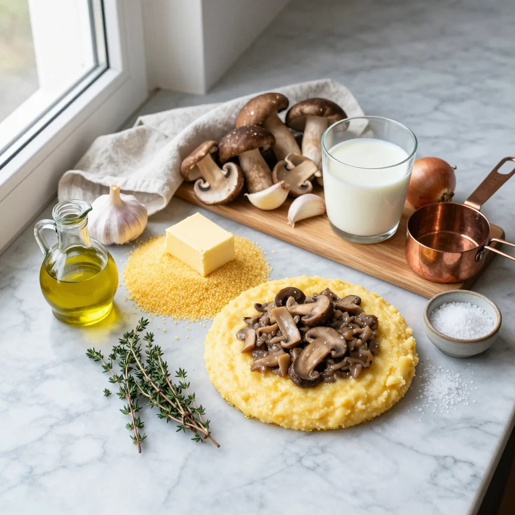 All ingredients for Creamy Polenta with Mushroom Ragu Sauce
