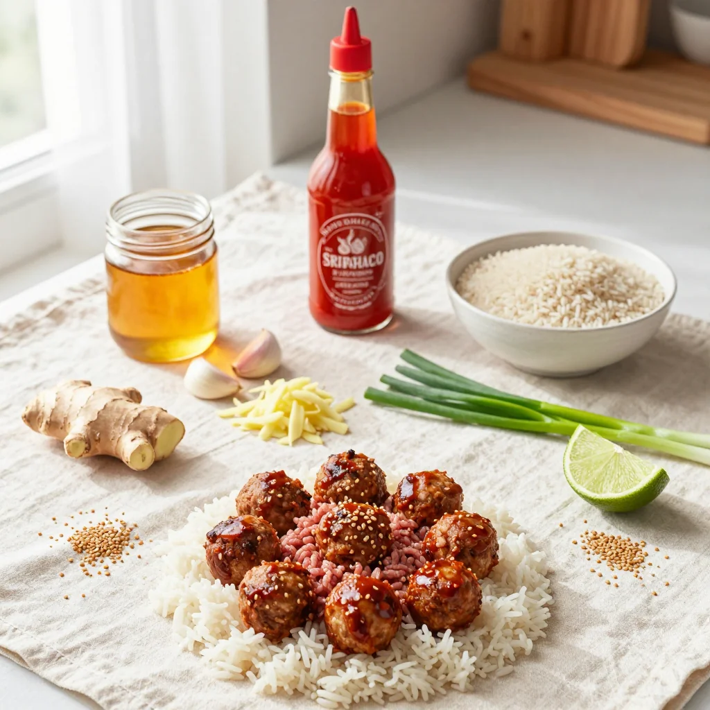 All ingredients laid out for Honey Sriracha Meatballs over White Rice