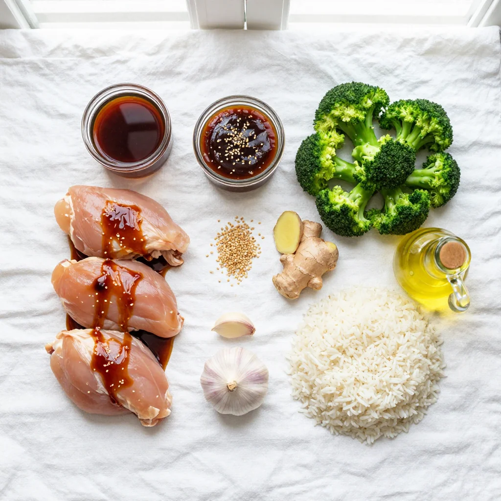 All ingredients laid out for Teriyaki Chicken Bowl with Steamed Broccoli