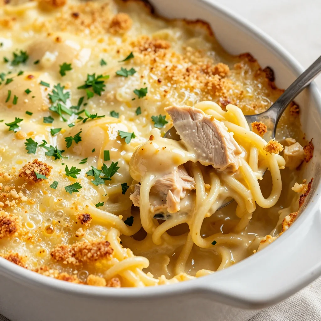 Creamy Chicken Noodle Casserole with a Buttery Topping