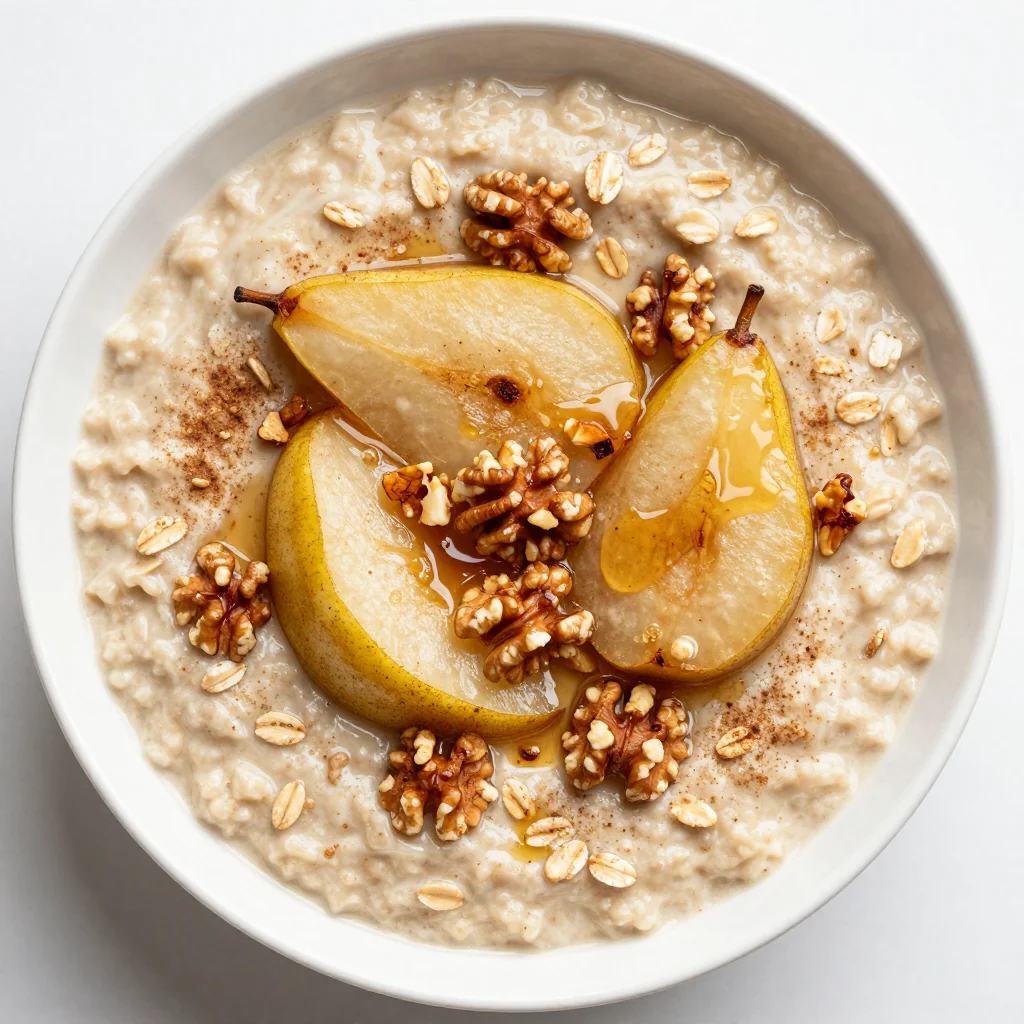 Healthy Warm Oatmeal with Poached Pears and Walnuts