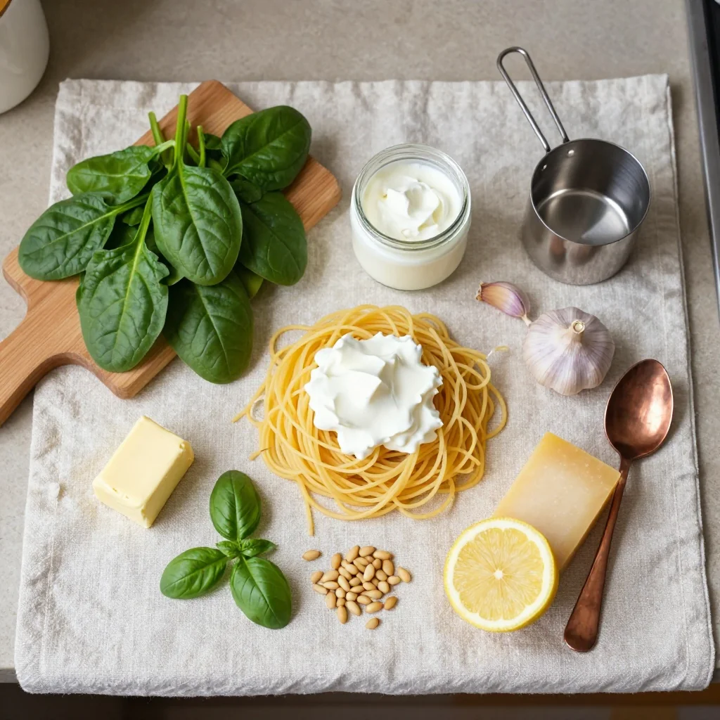 All ingredients neatly arranged for Spinach Pasta with Cream Sauce