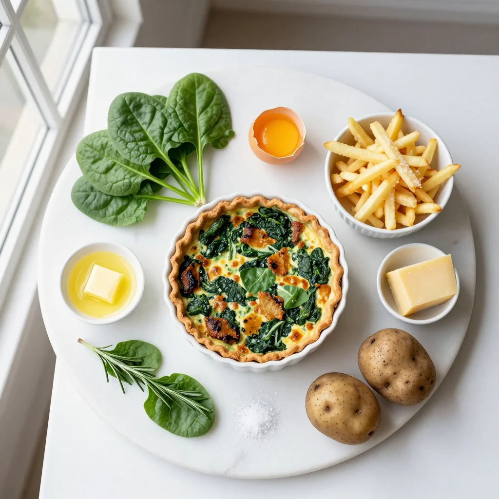 All ingredients laid out for Spinach Quiche with Hash Brown Crust
