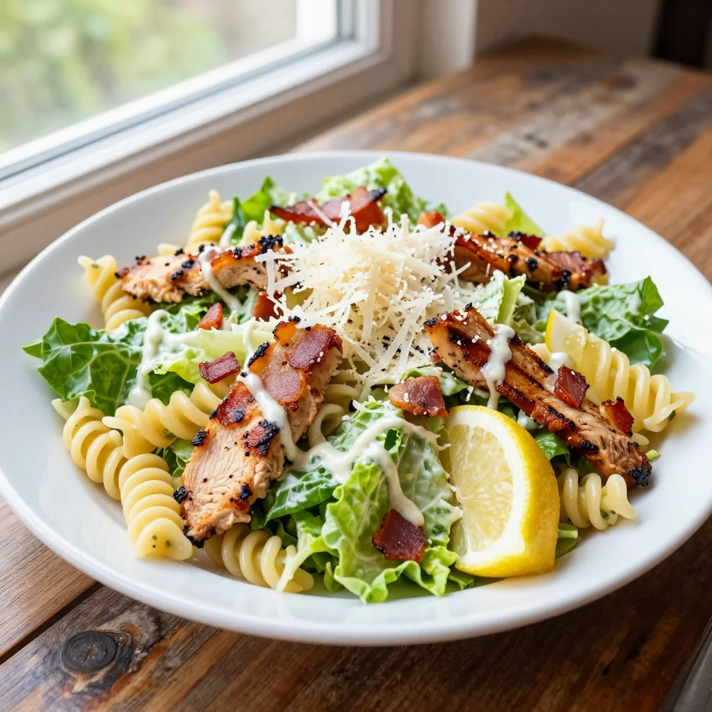Chicken Caesar Salad with Pasta and Bacon
