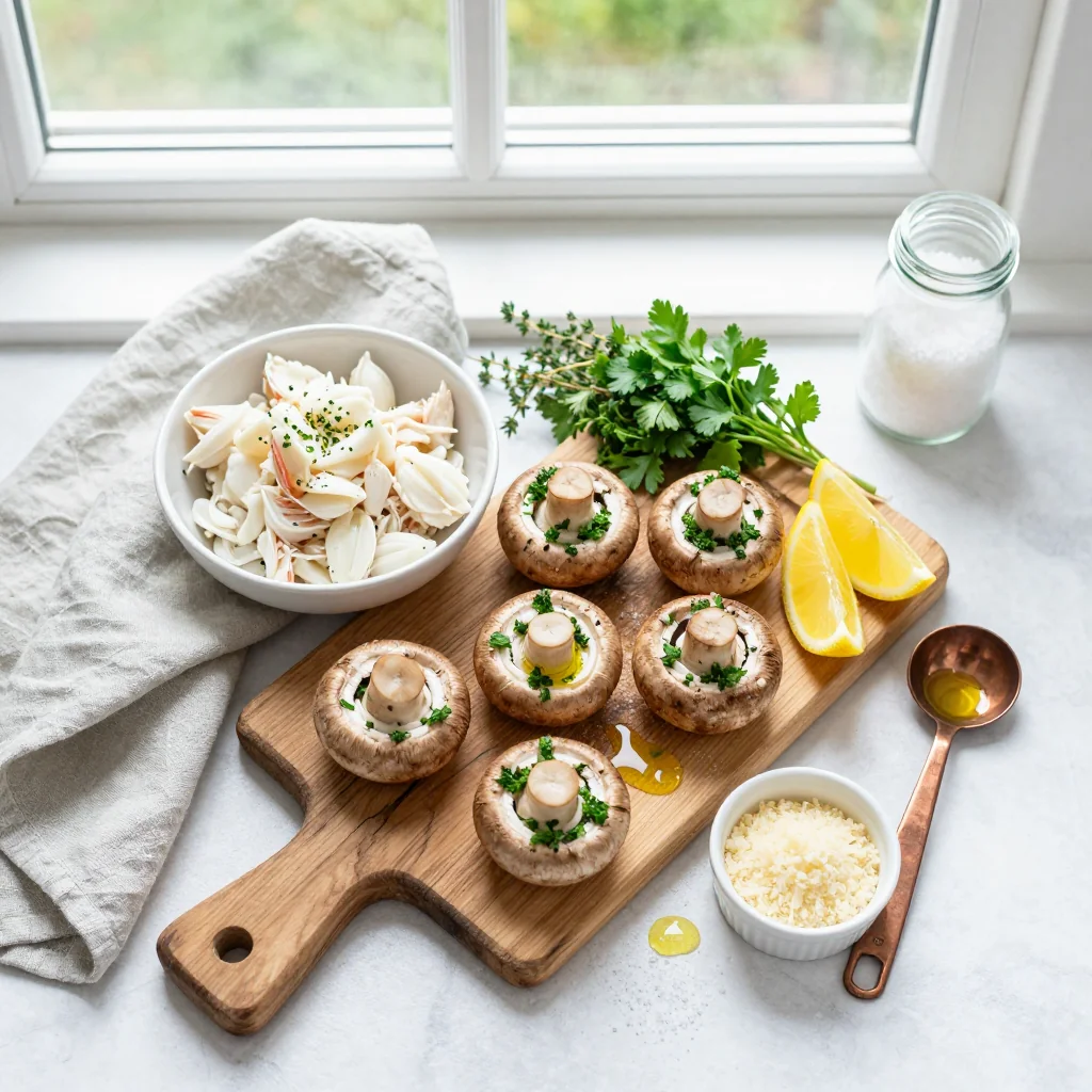 All ingredients for Crab Stuffed Mushrooms with Garlic and Herbs