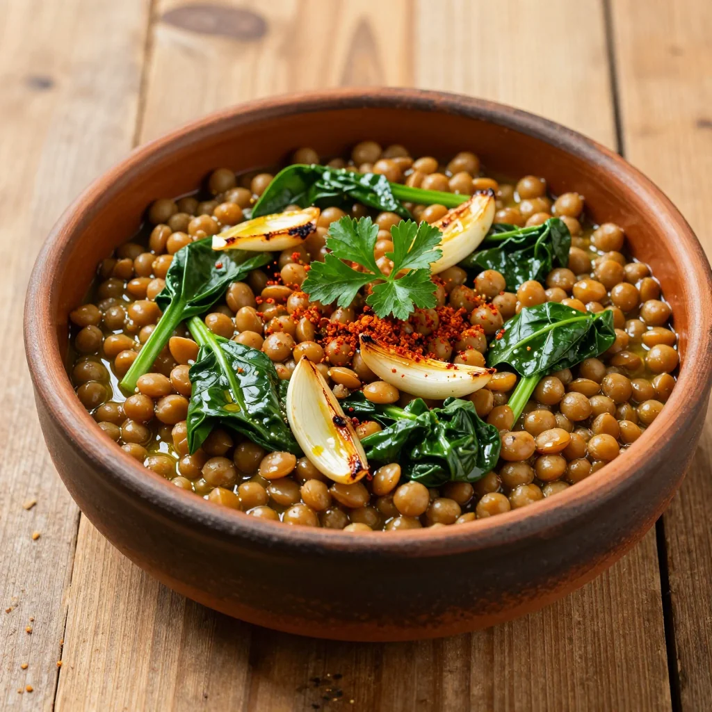 high protein lentil and spinach stew with garlic for healthy dinners