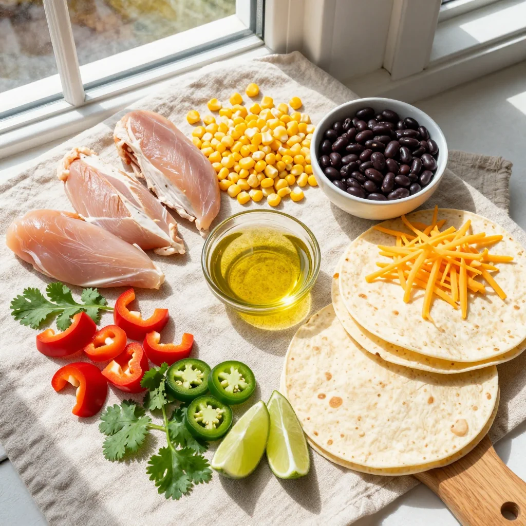 All ingredients for Chicken Quesadillas with Corn and Black Beans