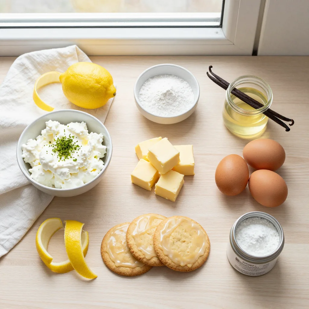 All ingredients for Lemon Ricotta Cookies with Glaze neatly arranged