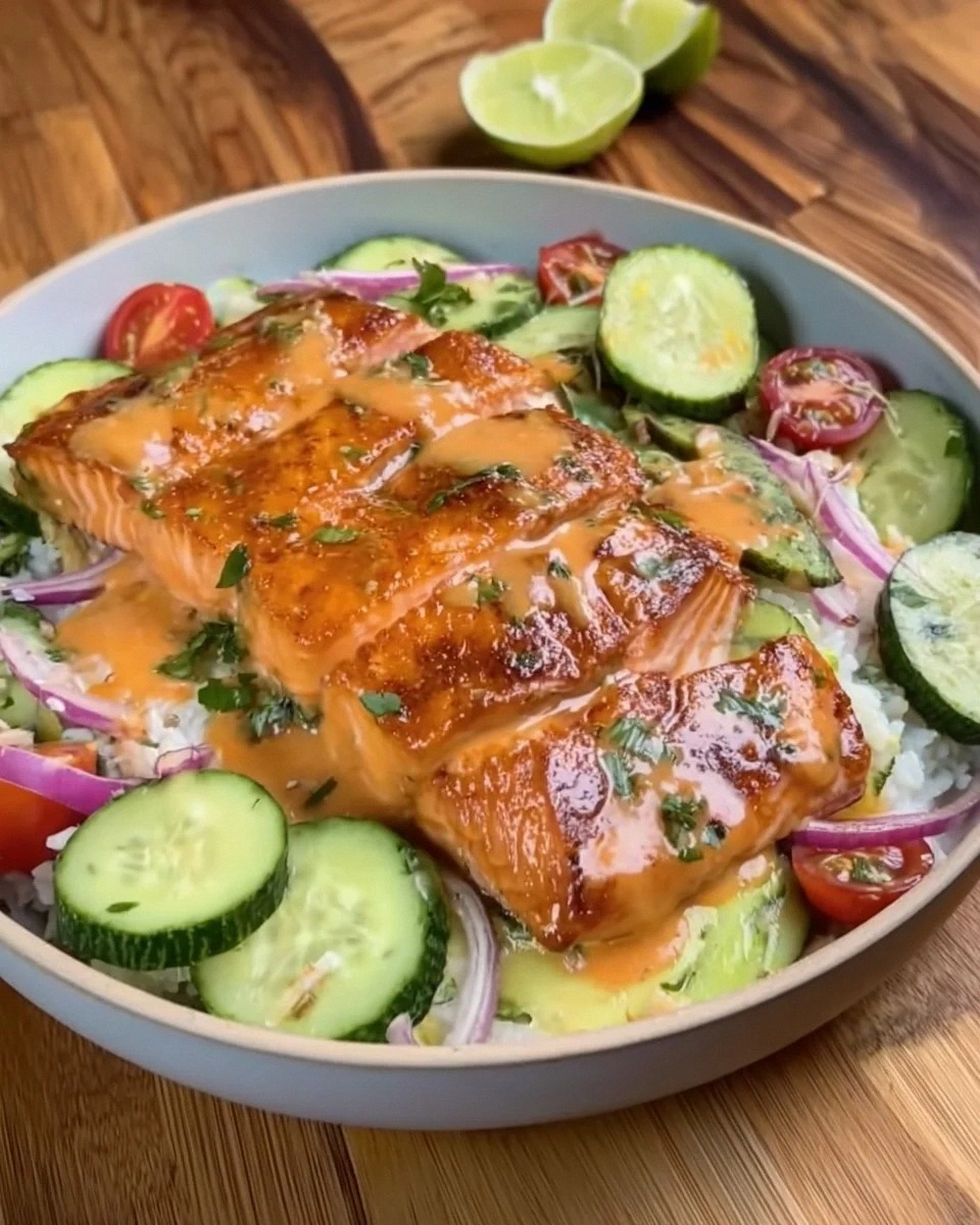 Air Fryer Bang Bang Salmon with Cucumber Salad