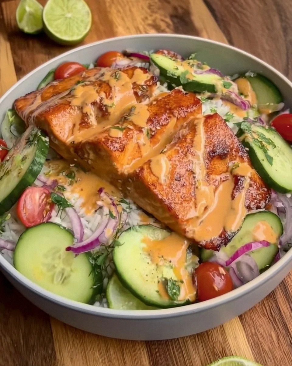 Air Fryer Bang Bang Salmon with Cucumber Salad