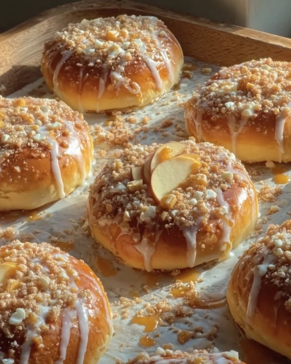 Apple Cheesecake Buns with a Crumble Topping and Sweet Glaze