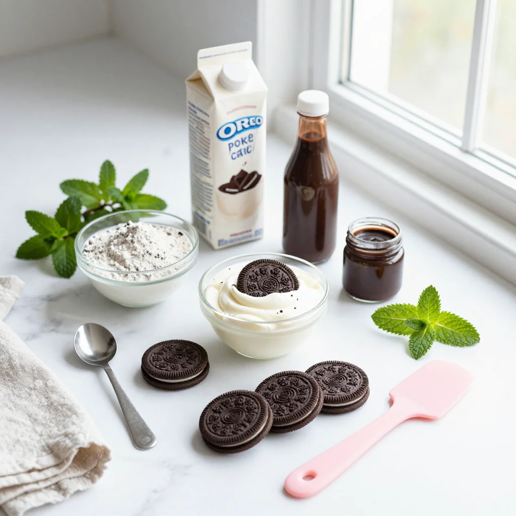 All ingredients for Oreo Poke Cake with Pudding