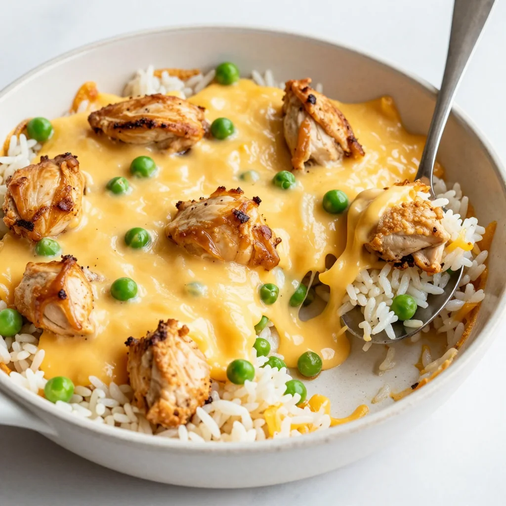 Kid-Friendly Cheesy Chicken and Rice Skillet with Peas