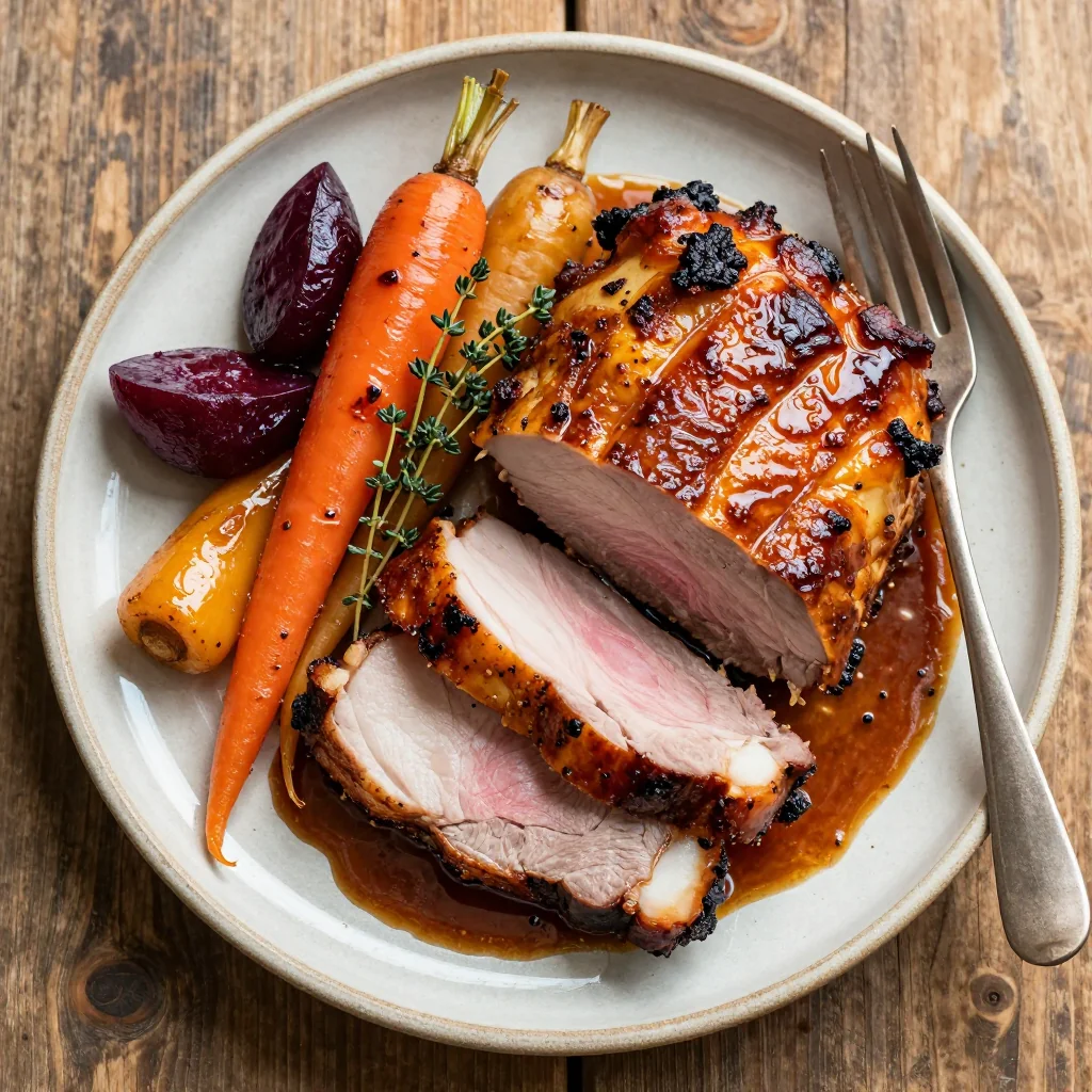 tender slow roasted pork loin with citrusglazed root vegetables