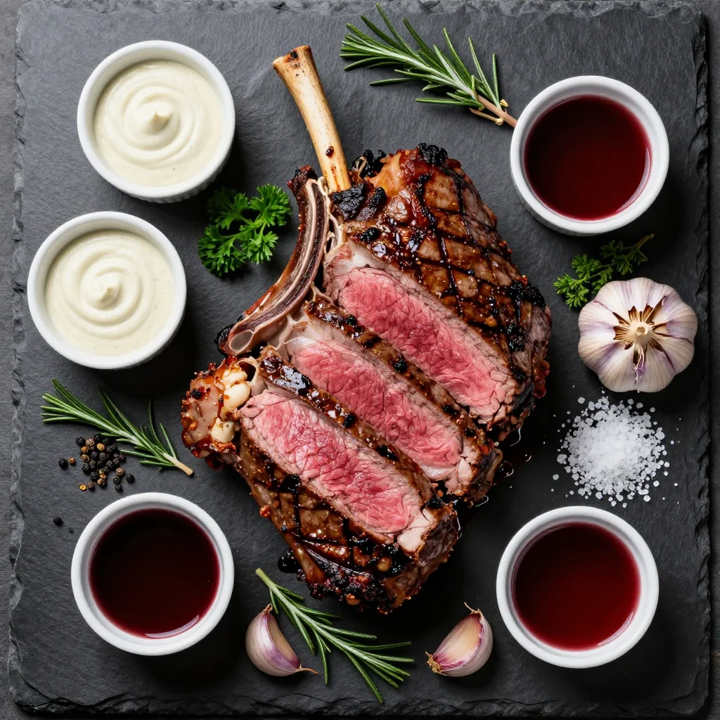 Prime rib roast ingredients including fresh herbs, garlic, and seasonings