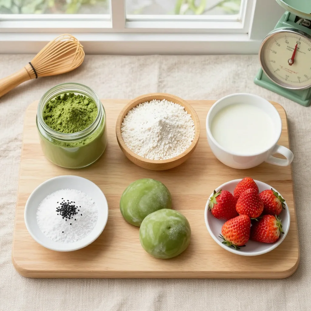 All ingredients laid out for Green Tea Matcha Mochi