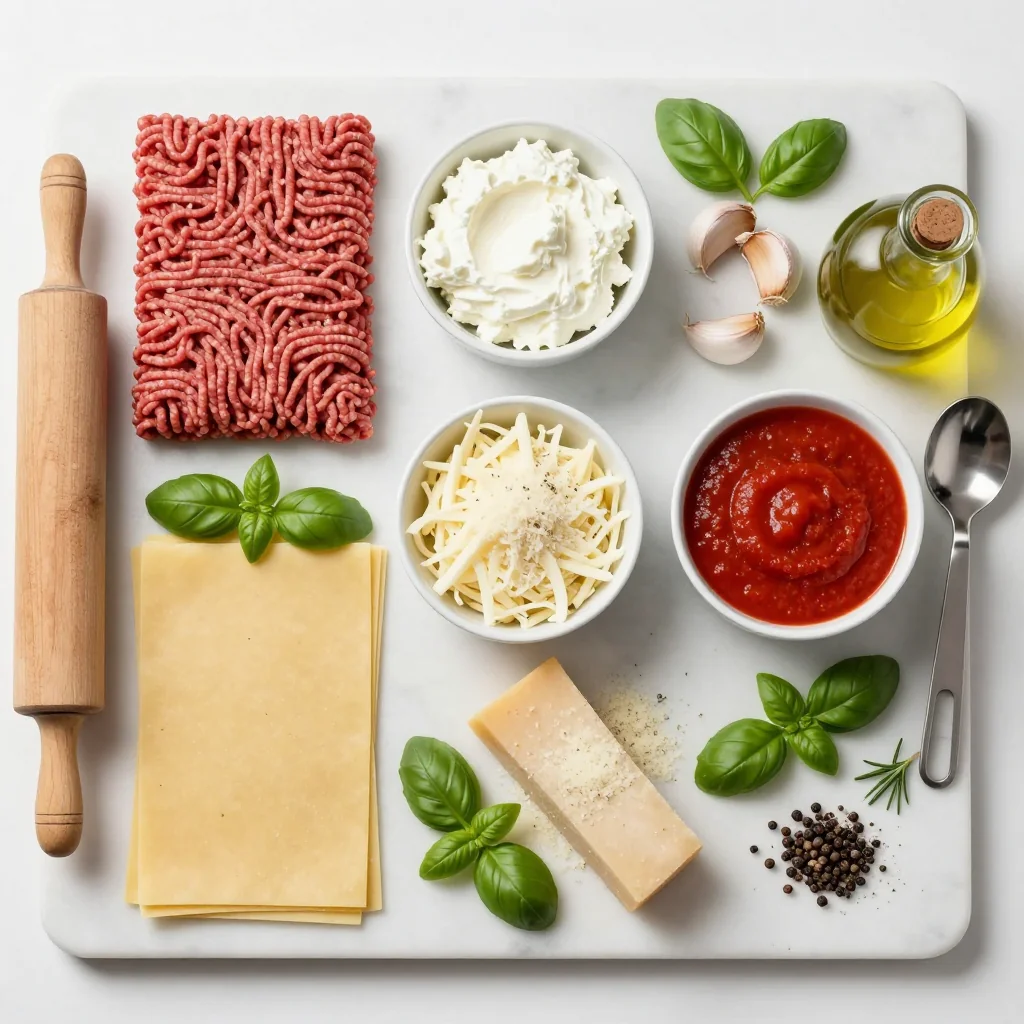All ingredients for Beef Lasagna with Ricotta Cheese laid out on a kitchen counter