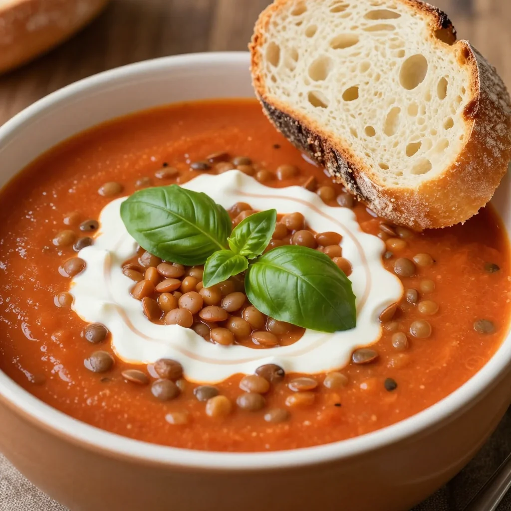 Budget Friendly Creamy Tomato and Lentil Soup with Crusty Bread for Lunch