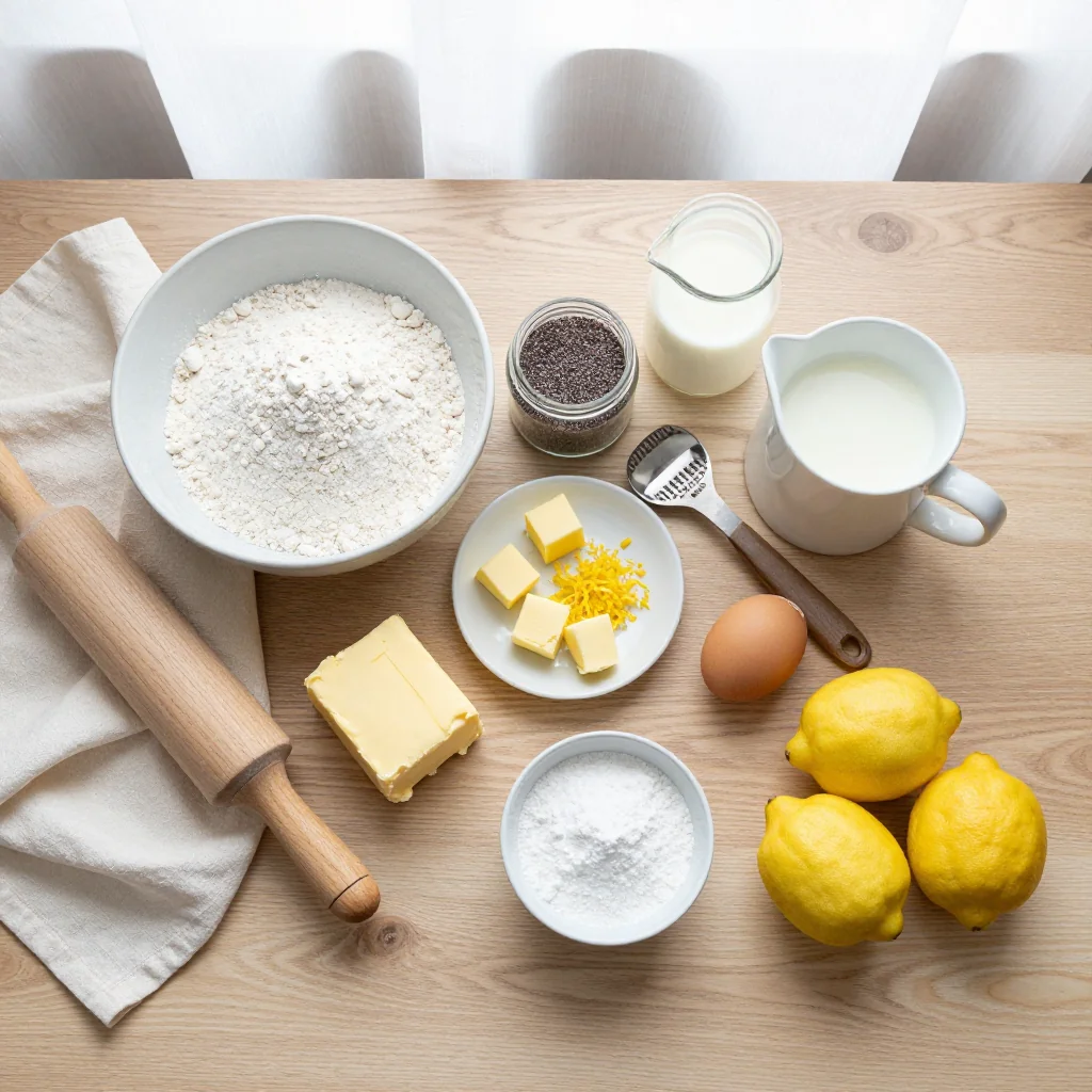 All ingredients for Lemon Poppy Seed Scones neatly arranged on a wooden board