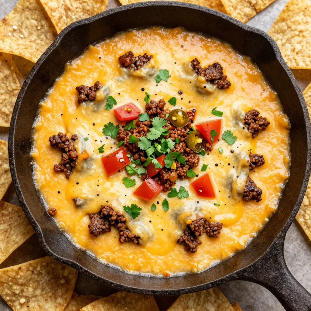 Game Day Queso Dip with Spicy Ground Beef and Cheese