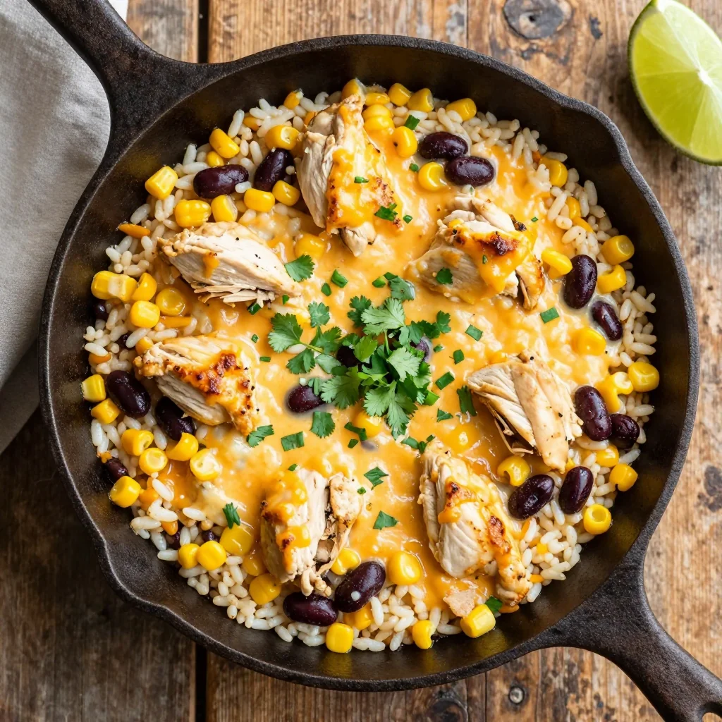 Cheesy Chicken and Rice Skillet with Corn and Black Beans