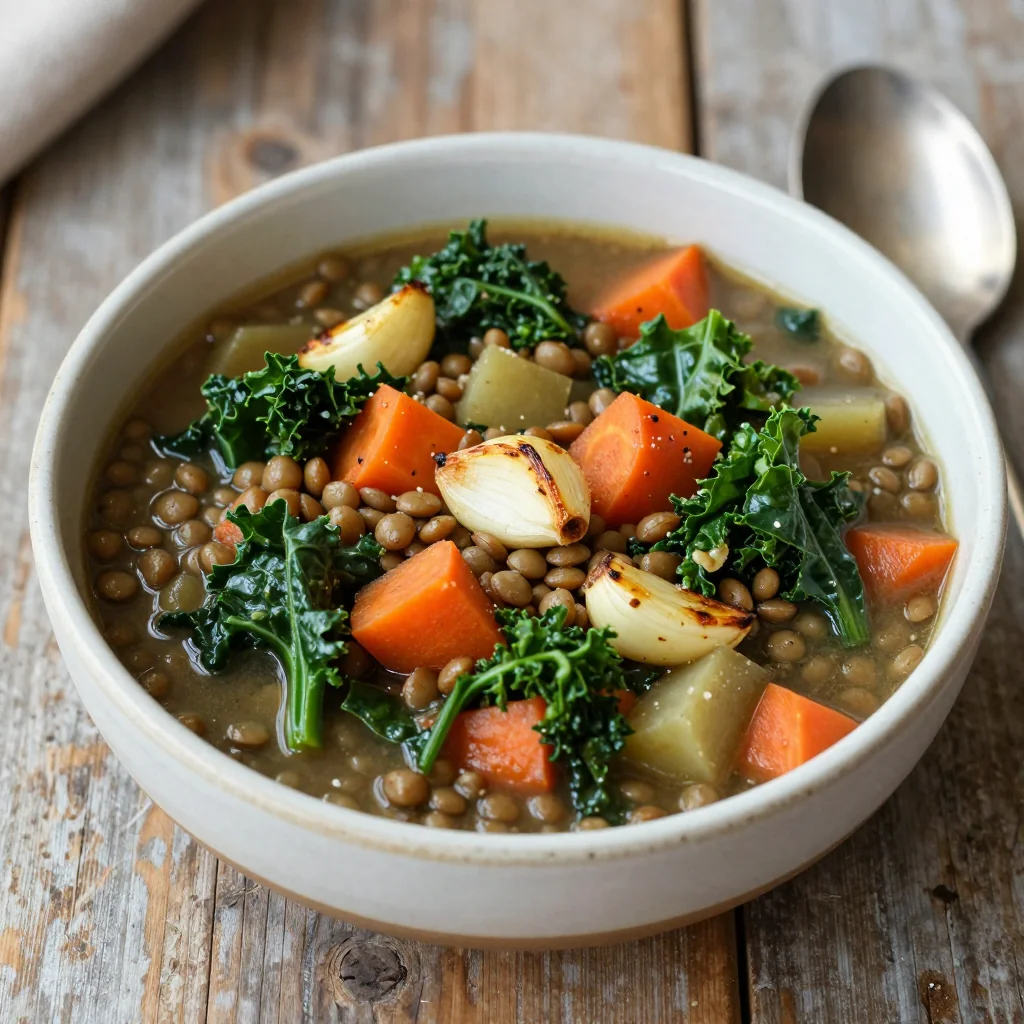 onepot lentil and kale stew with garlic and root vegetables for family comfort