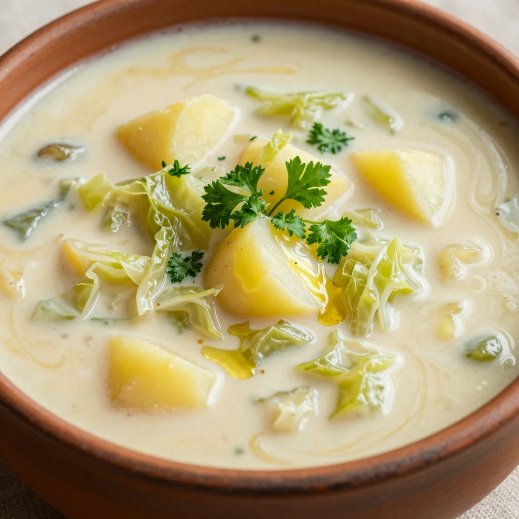 creamy potato and cabbage soup with garlic for cold evenings