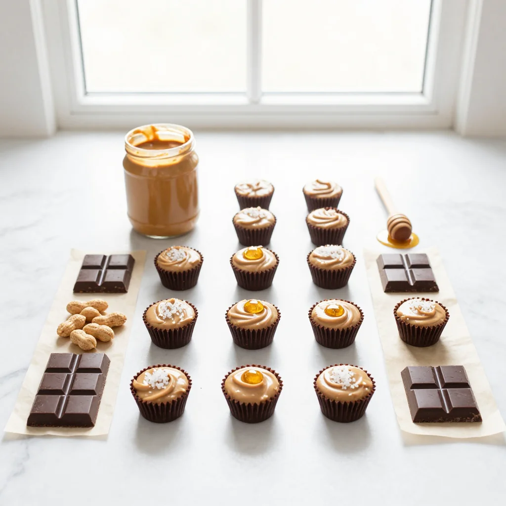 All ingredients for Chocolate Peanut Butter Cups neatly arranged on a wooden board