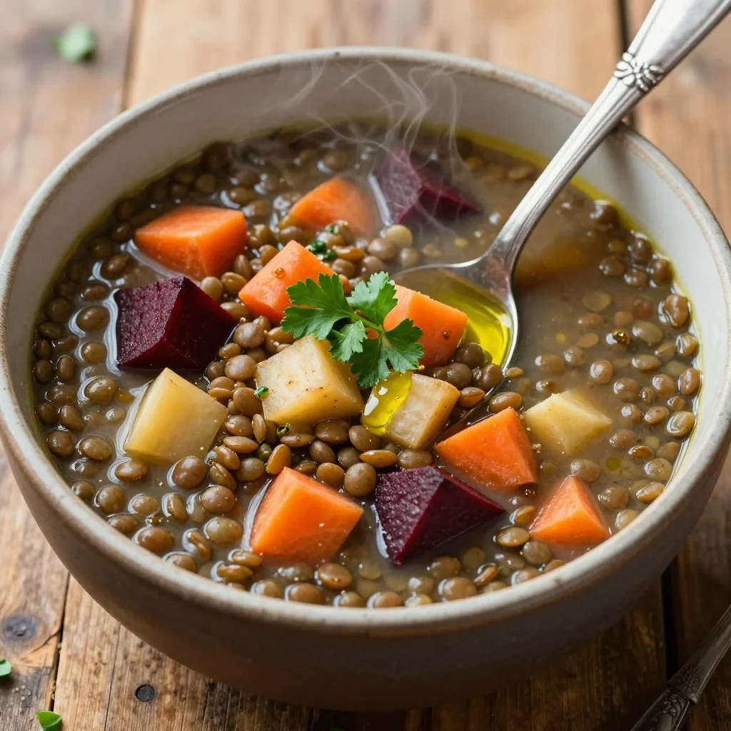 healthy low calorie slow cooker lentil and root vegetable soup