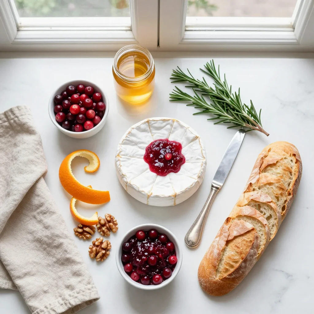 All ingredients laid out for Baked Brie with Cranberry Sauce
