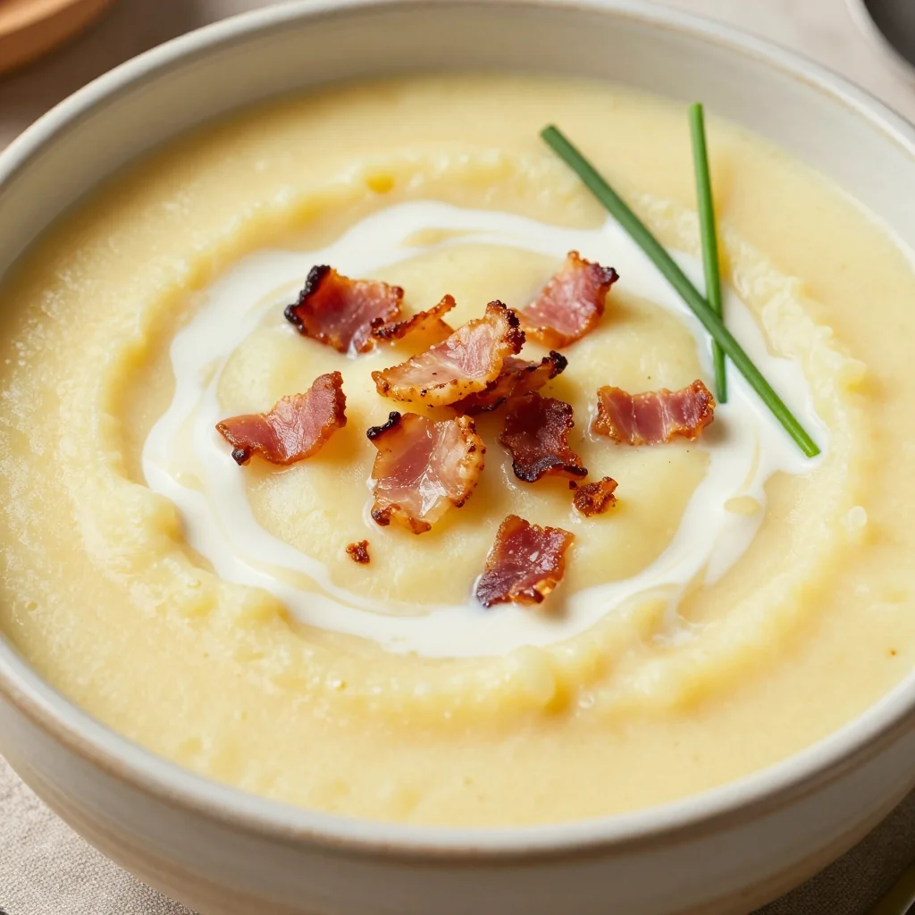 Creamy Potato and Leek Soup with Bacon Bits