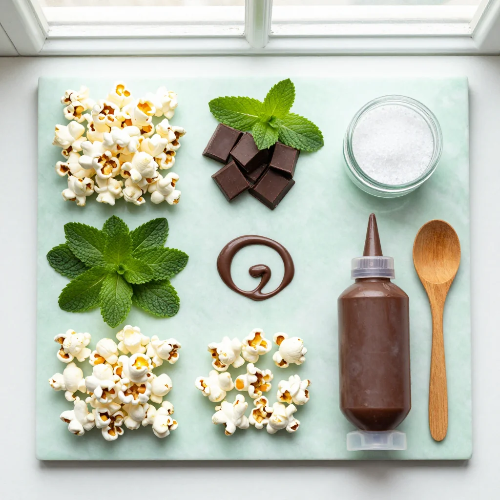 All ingredients for Mint Chocolate Chip Popcorn neatly arranged