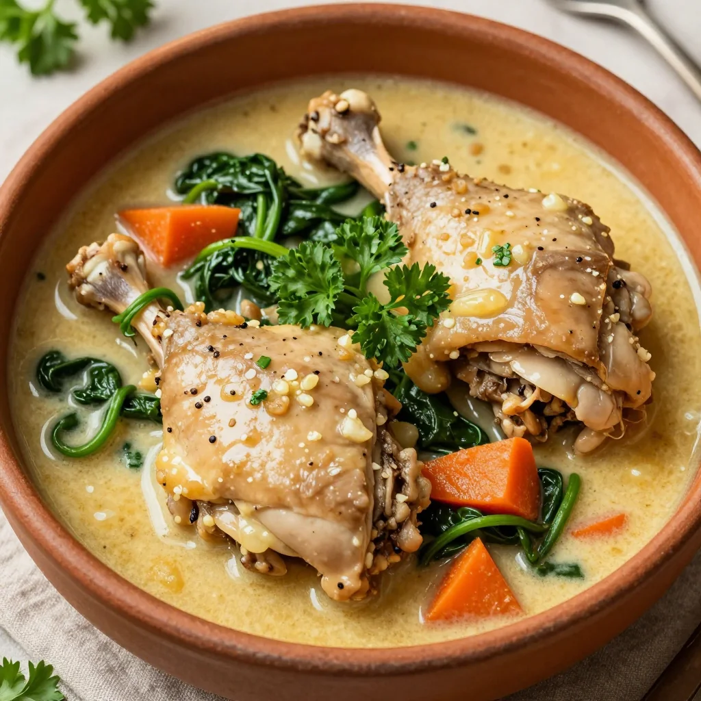 slow cooker garlic chicken and spinach stew for comforting winter meals