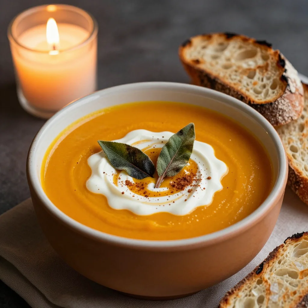 warm cinnamonspiced pumpkin soup with cream and sage for cozy winter nights