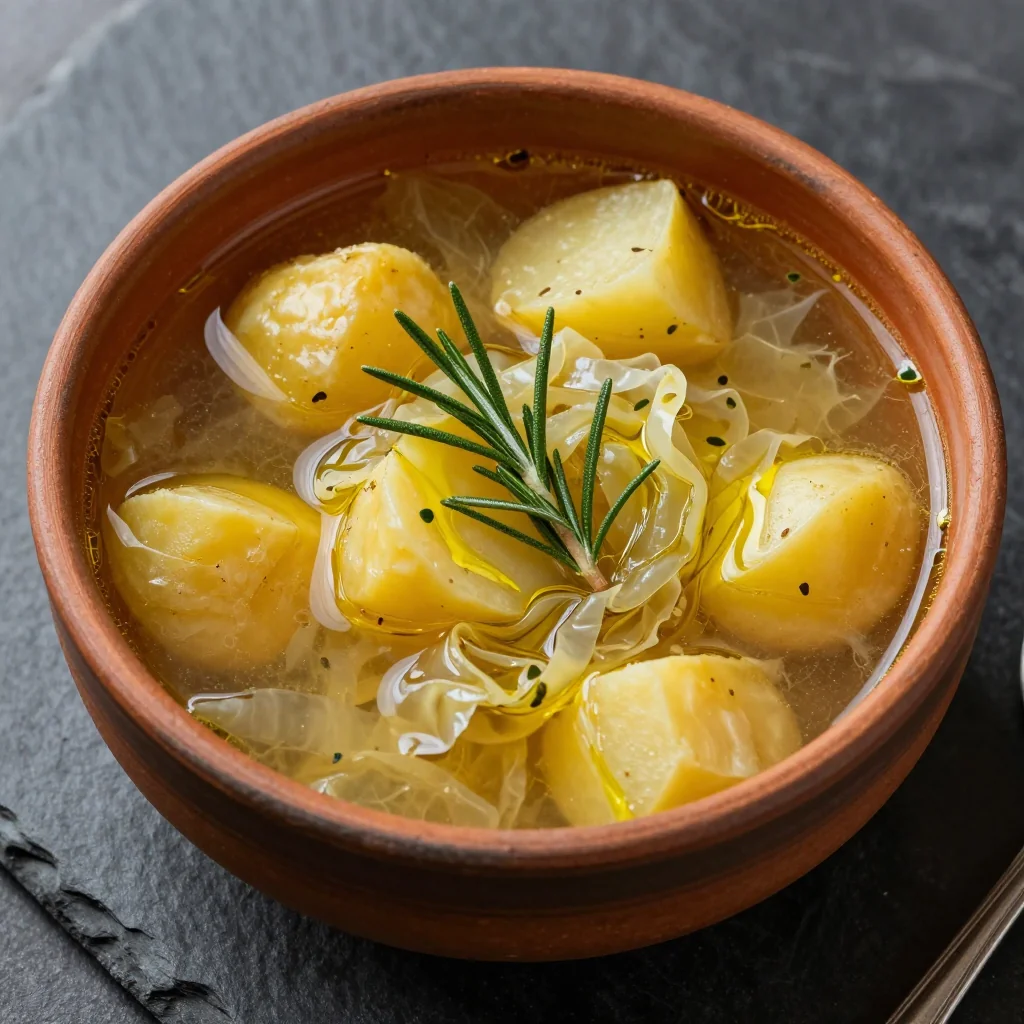 warm potato and cabbage soup with fresh rosemary for winter meals