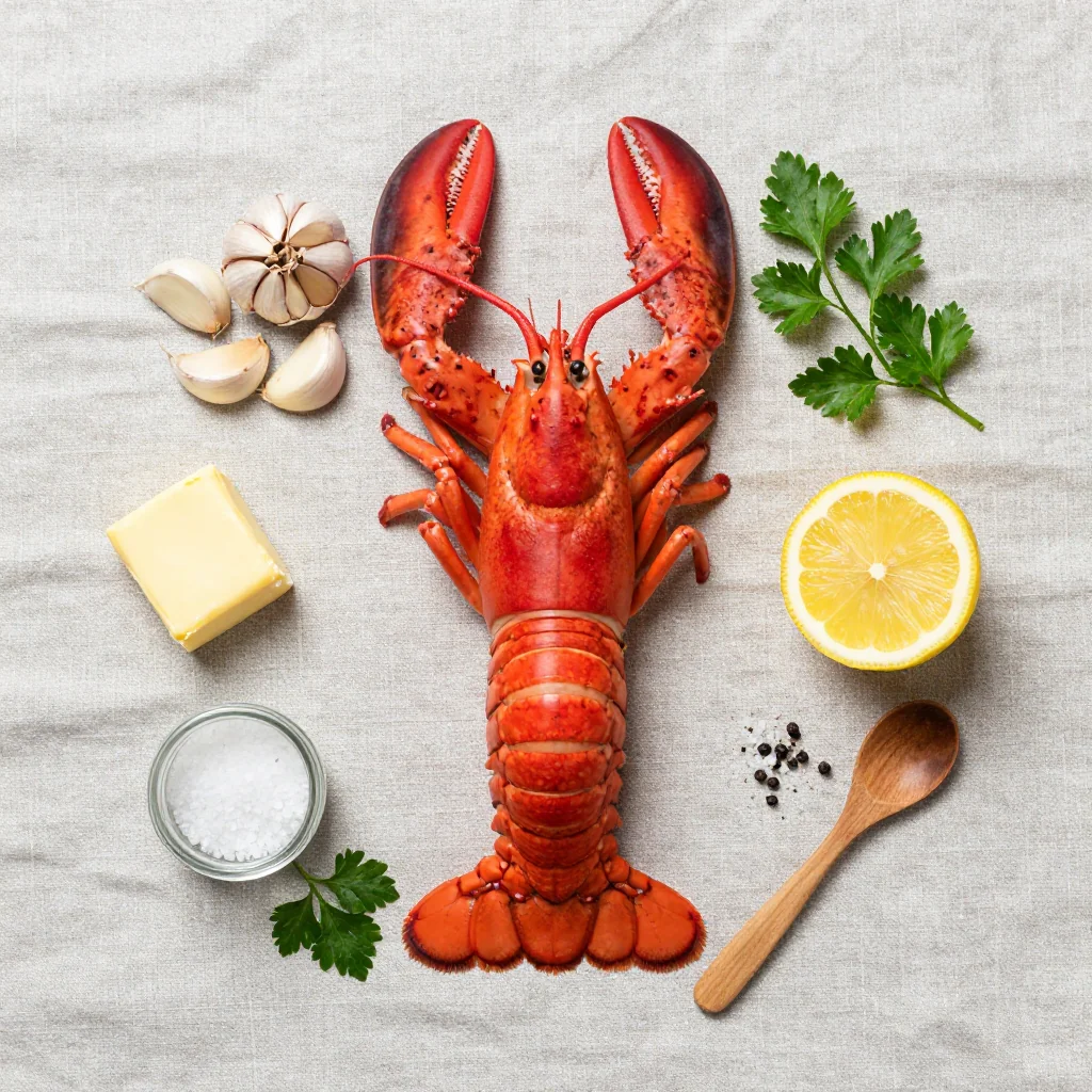 All ingredients for Garlic Butter Lobster Tail with Lemon neatly arranged on a wooden board