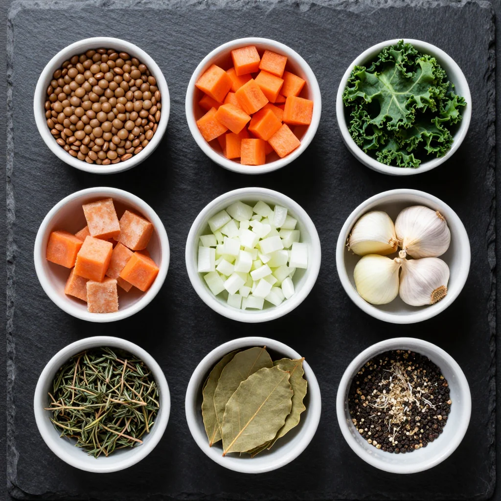 Colorful array of dried lentils, chopped carrots, fresh kale, onions, garlic, and spices on a wooden board