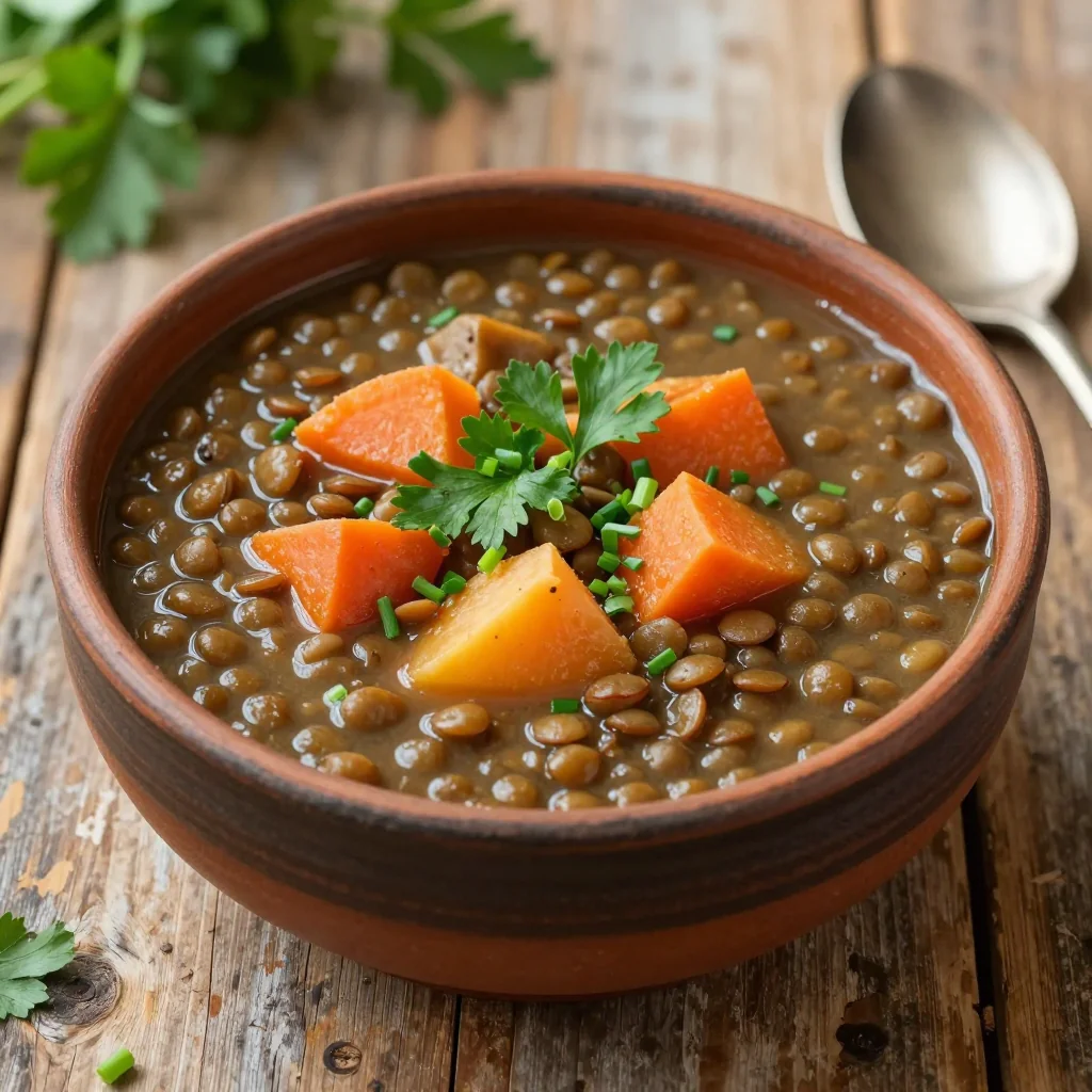 batch cooking lentil and root vegetable soup with fresh herbs for winter