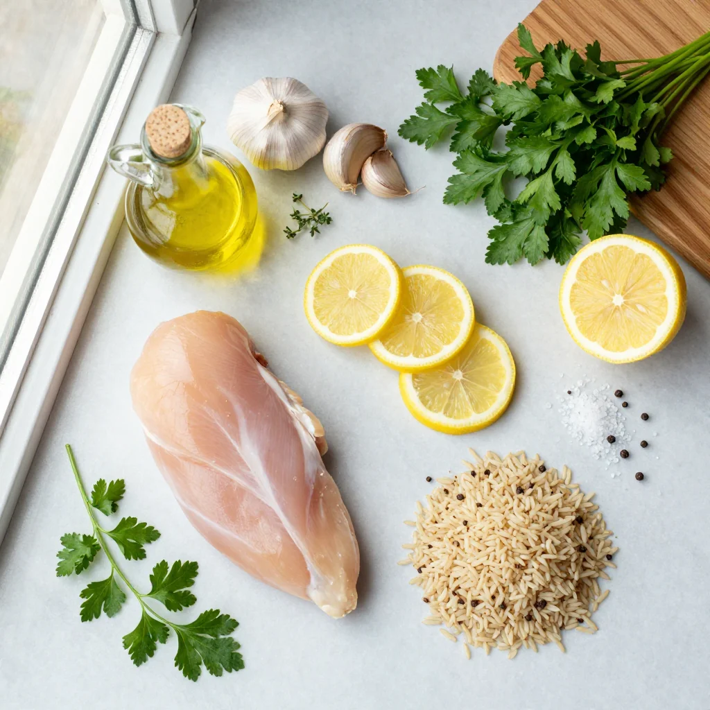 All ingredients for Lemon Garlic Chicken with Brown Rice