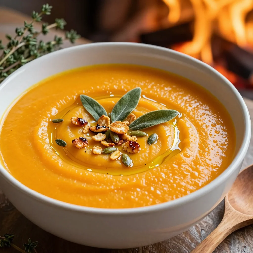 warm pumpkin and sage soup with toasted pepitas for winter suppers
